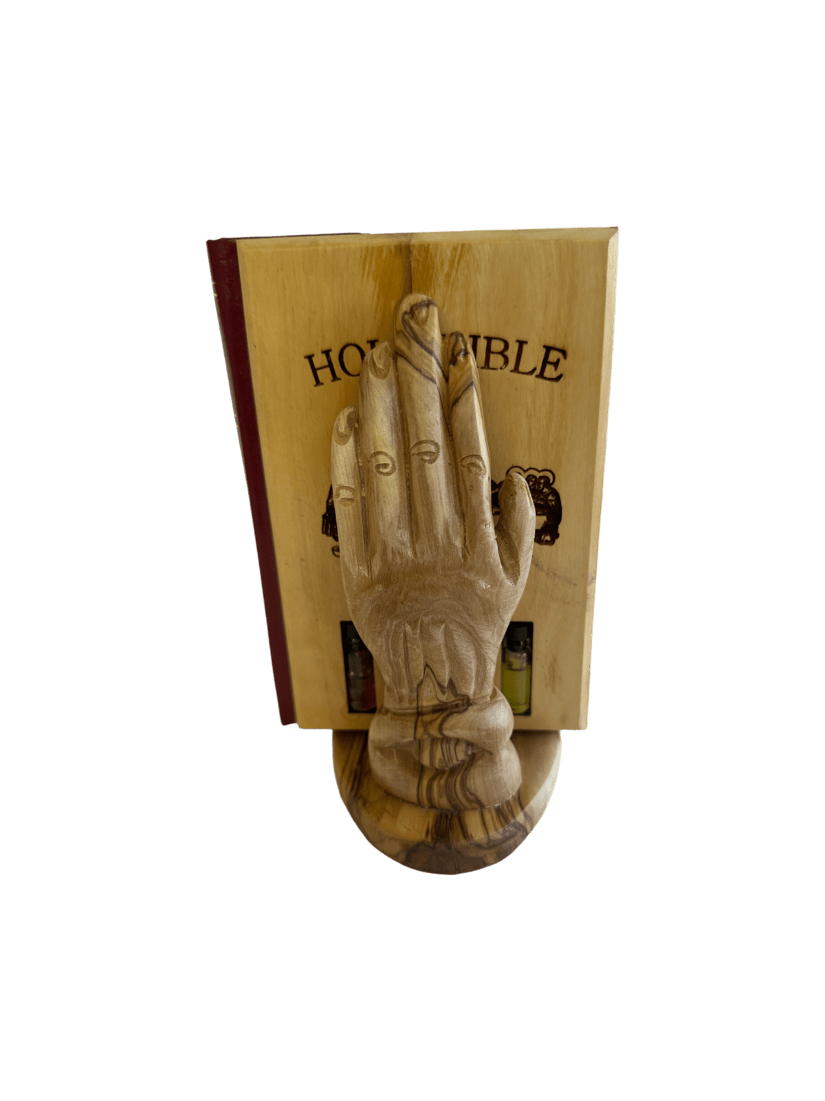 Olive Wood Bible Cover | Last Supper & Holy Land Elements | Praying Hands Stand - Holy Land Cradle