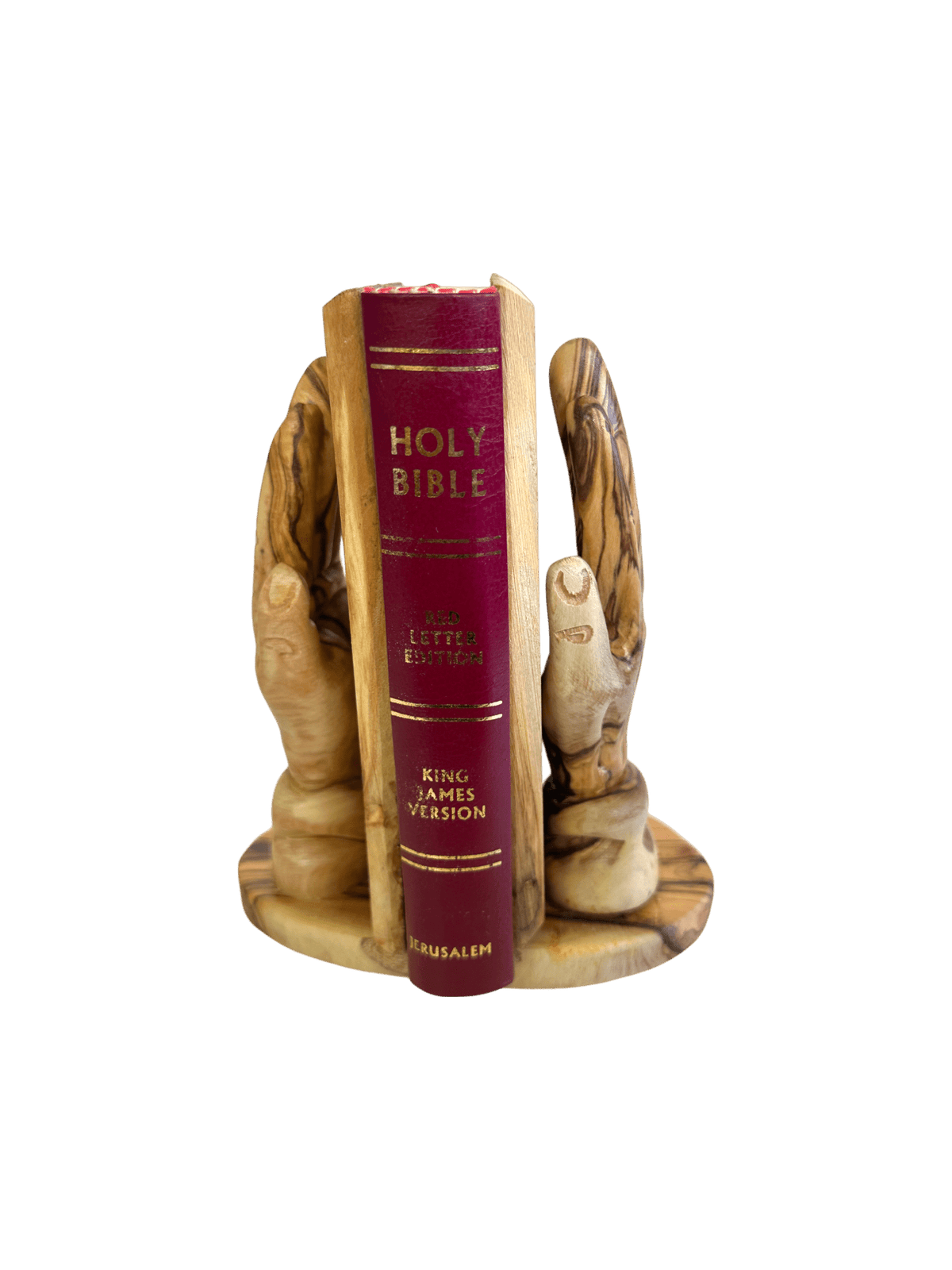 Olive wood Bible cover with Jerusalem Cross and Holy Land elements โ Holy Land Cradle, handcrafted in Bethlehem