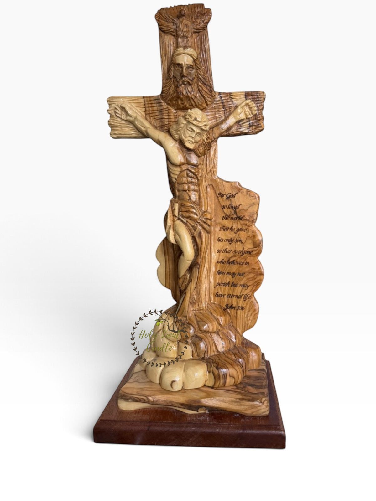 Masterfully Carved Olive Wood Holy Trinity Crucifix with John 3:16 - Holy Land Cradle