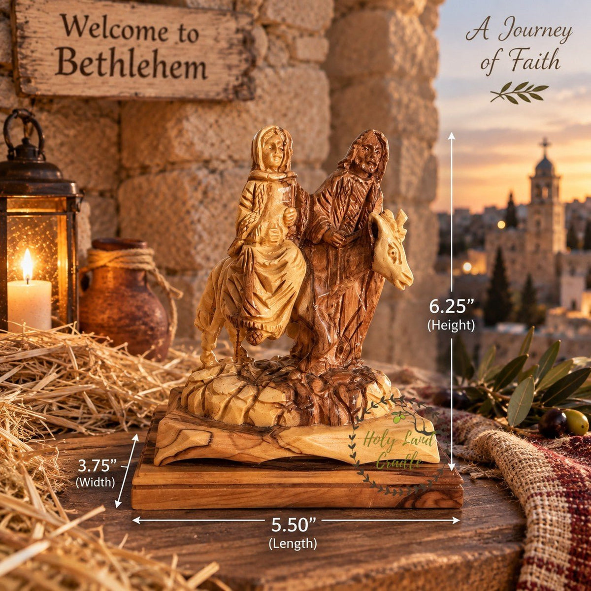 Olive Wood Holy Family Flight to Egypt with Faces - Holy Land Cradle
