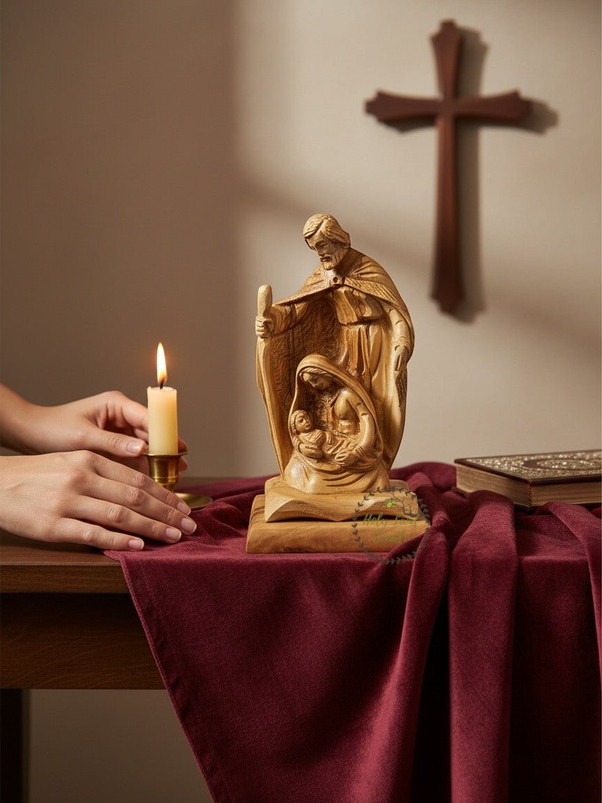 Hand-Carved Olive Wood Holy Family Nativity — A Savior Is Born - Holy Land Cradle