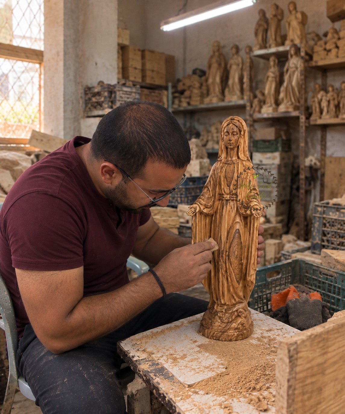 Hand-Carved Olive Wood Virgin Mary with Open Hands - Holy Land Cradle