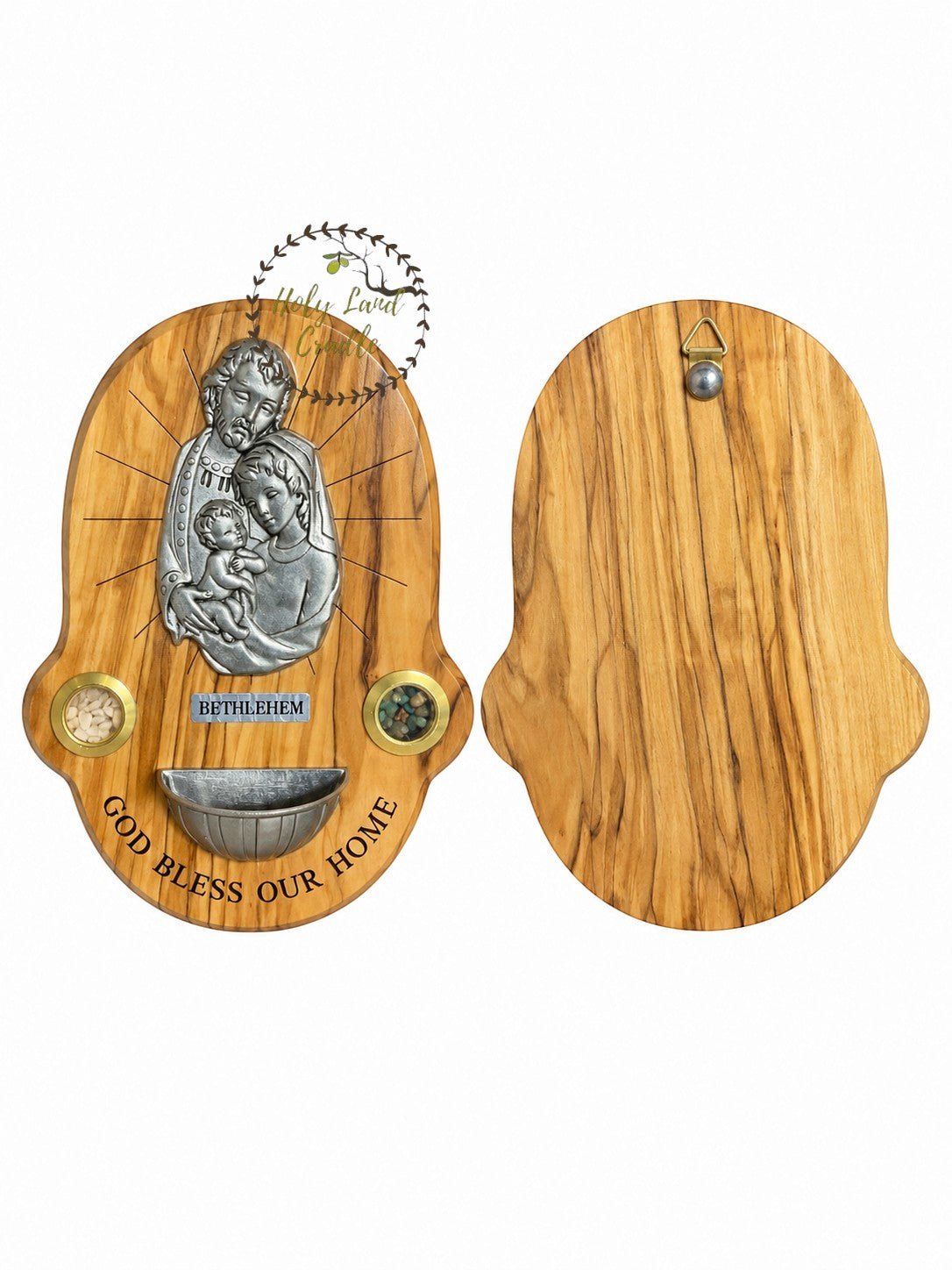 Olive Wood Holy Family Wall Plaque with Holy Water Font - Holy Land Cradle