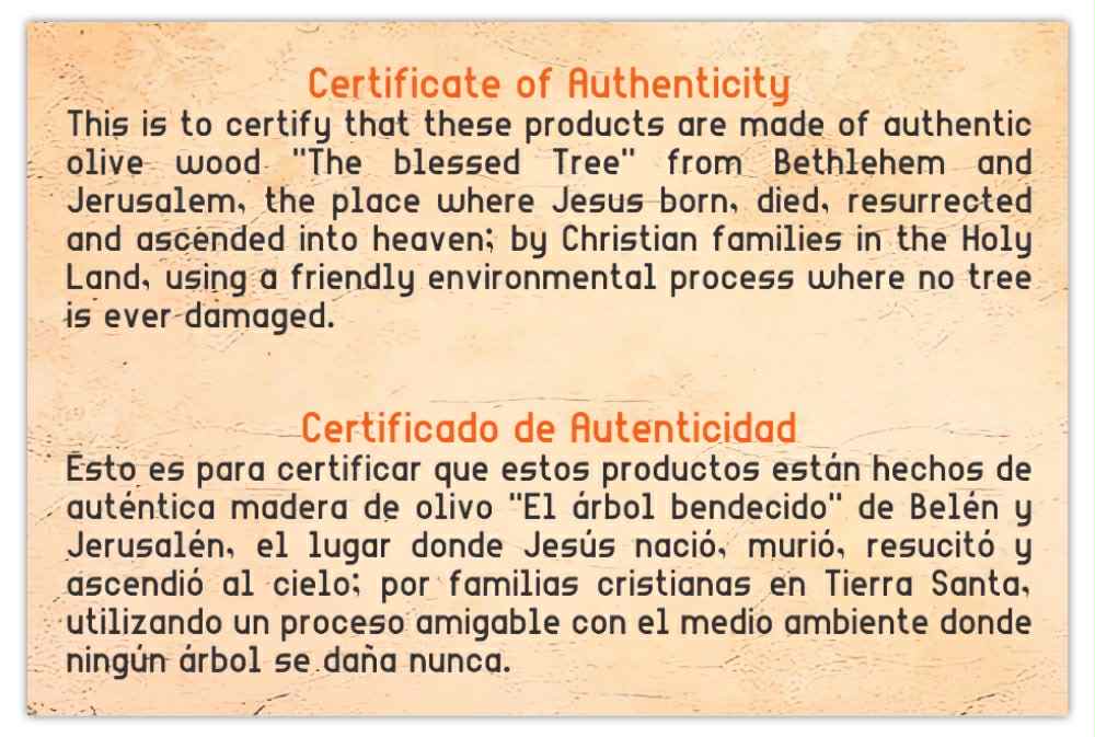 Certificate of authenticity front – genuine olive wood nativity set from Bethlehem, Jerusalem