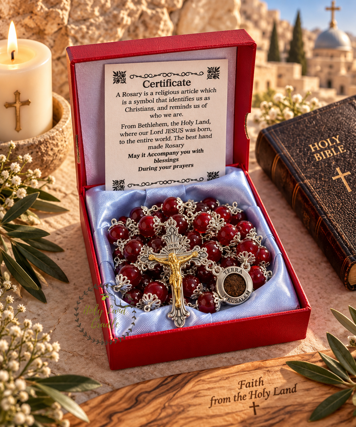 Rosary with red beads and crucifix in a red gift box with a certificate from Bethlehem, Holy Land