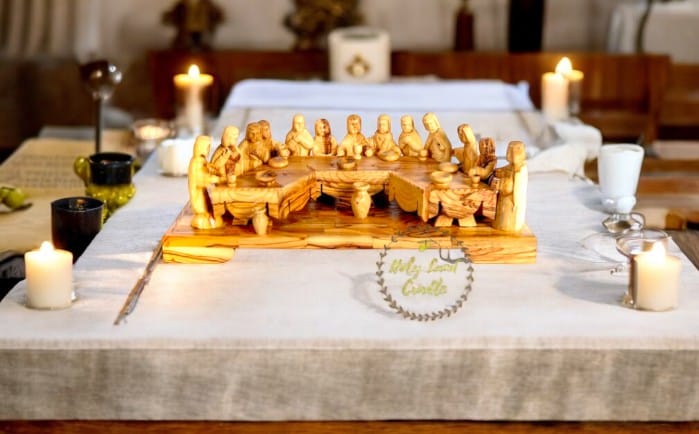 Handcrafted olive wood Last Supper table, carved by artisans in Bethlehem