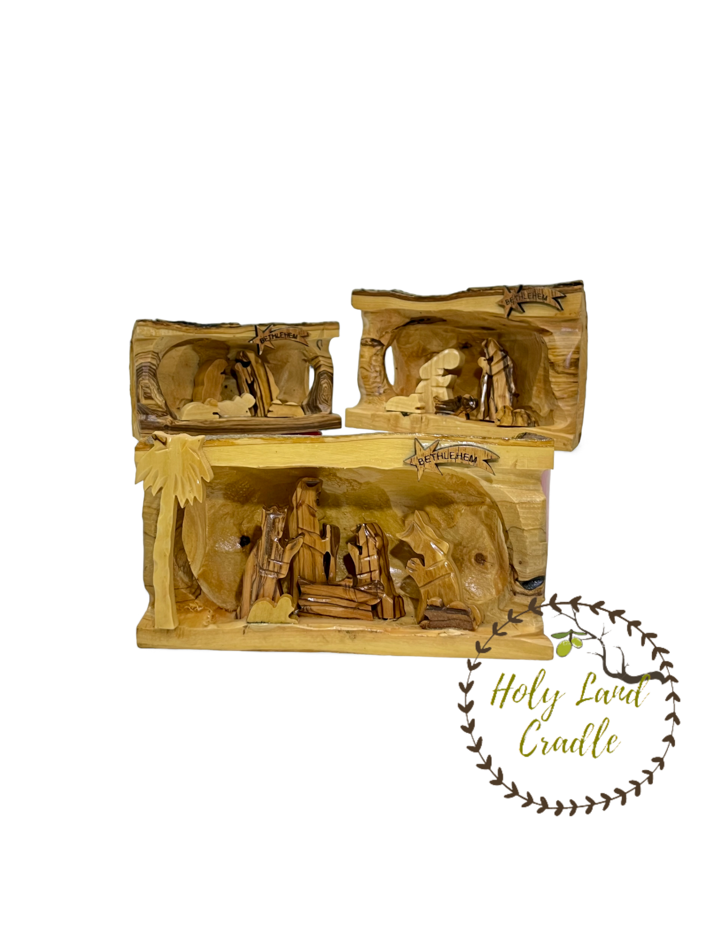 Olive Wood Nativity With Natural Wood Bark