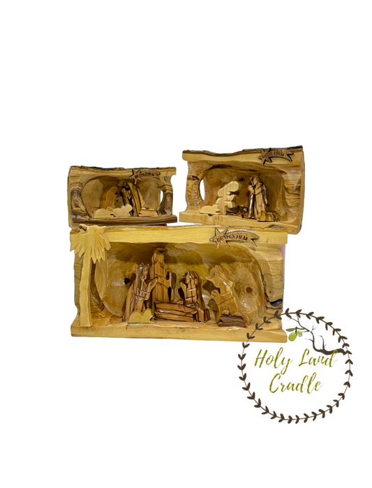 Olive Wood Nativity With Natural Wood Bark