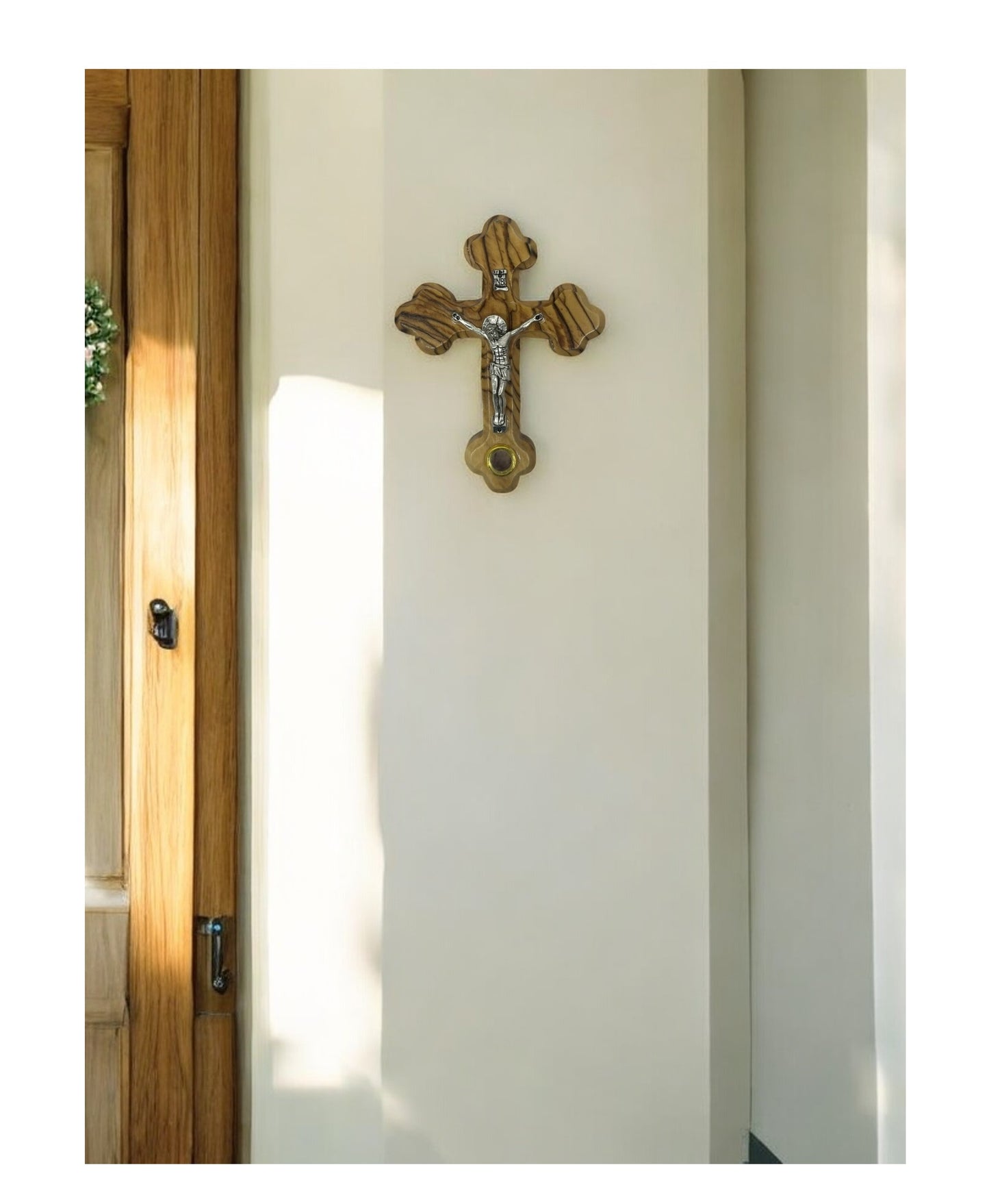 Olive Wood Cross with Silver Plated Crucifix, 1 Glass