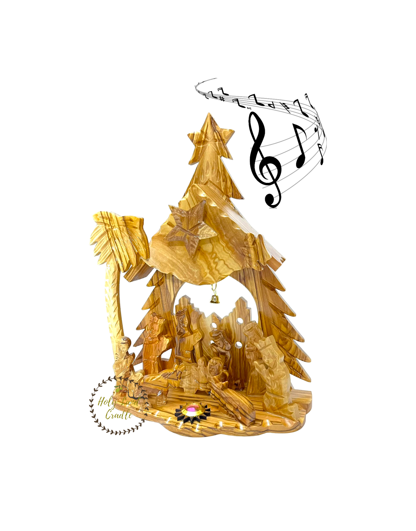 Olive Wood Church Shaped & Bell Flexible Musical Nativity Scene