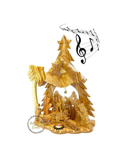 Olive Wood Church Shaped & Bell Flexible Musical Nativity Scene