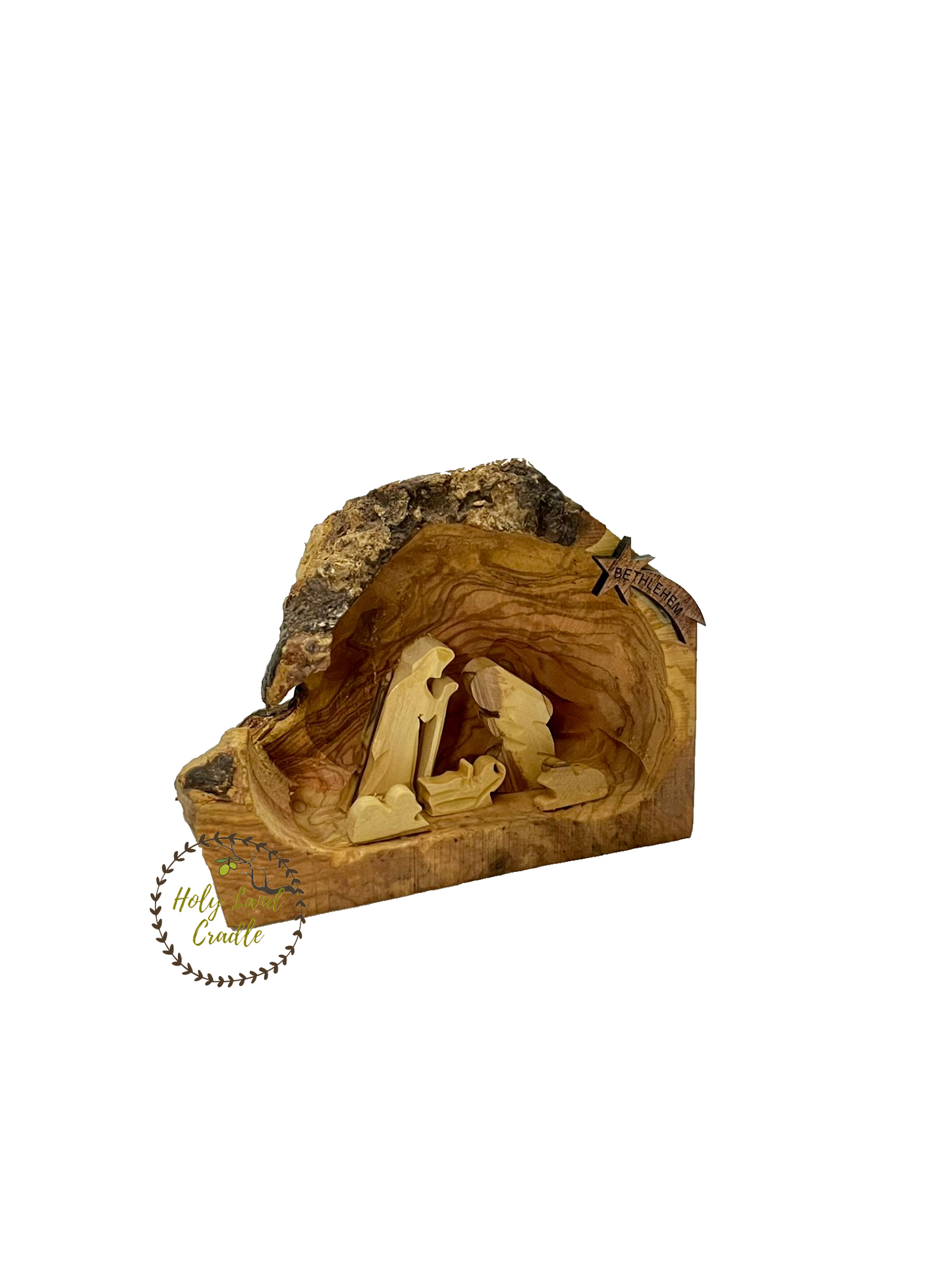 Olive Wood Nativity With Natural Wood Bark