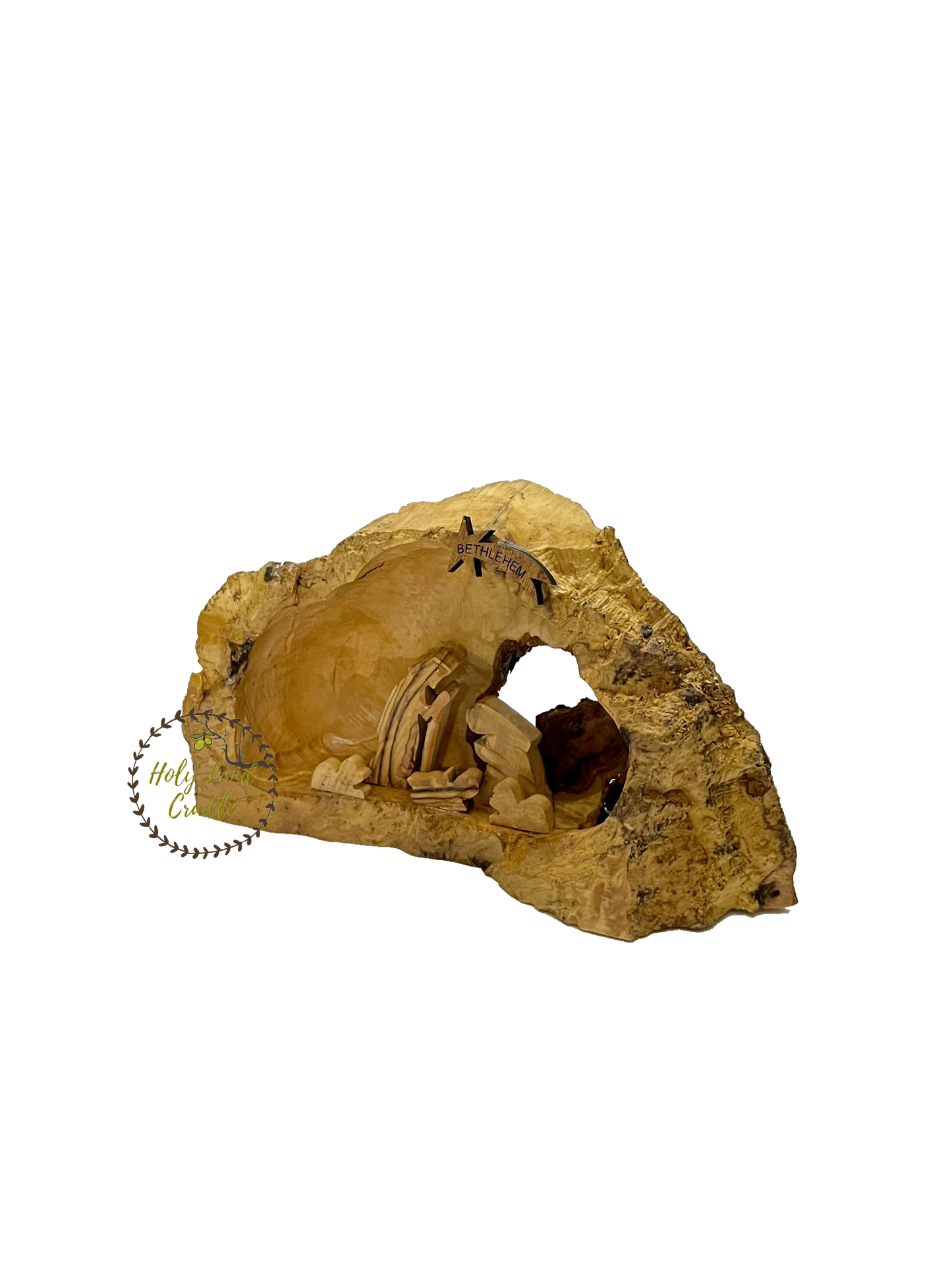 Olive Wood Nativity With Natural Wood Bark