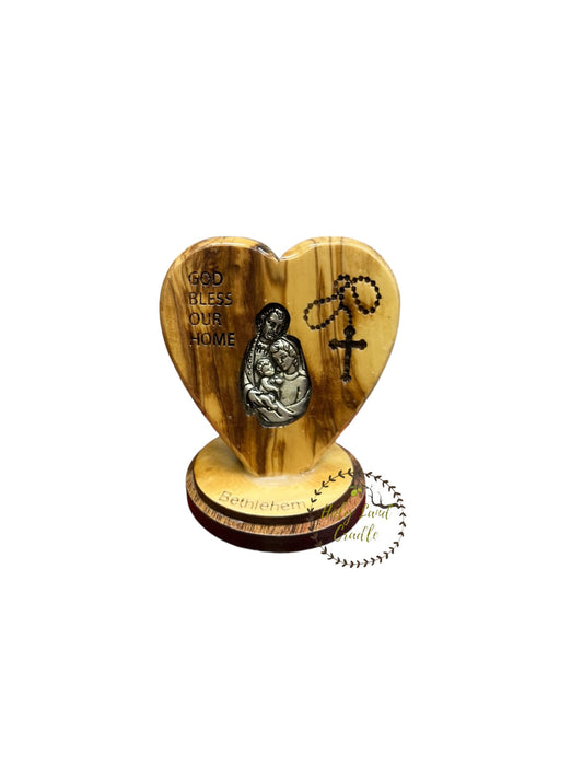 Olive Wood Heart, "God Bless Our home"