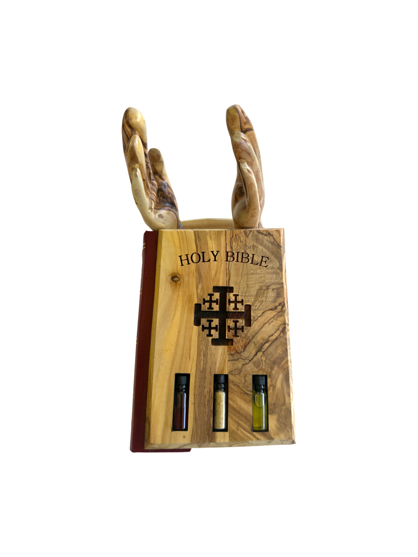 Olive Wood Bible Cover | Jerusalem Cross & Holy Land Elements | Praying Hands Stand