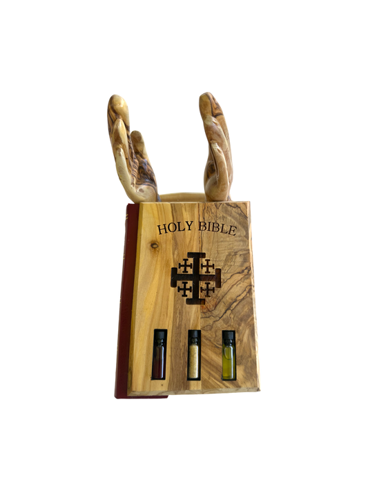 Olive Wood Bible Cover | Jerusalem Cross & Holy Land Elements | Praying Hands Stand