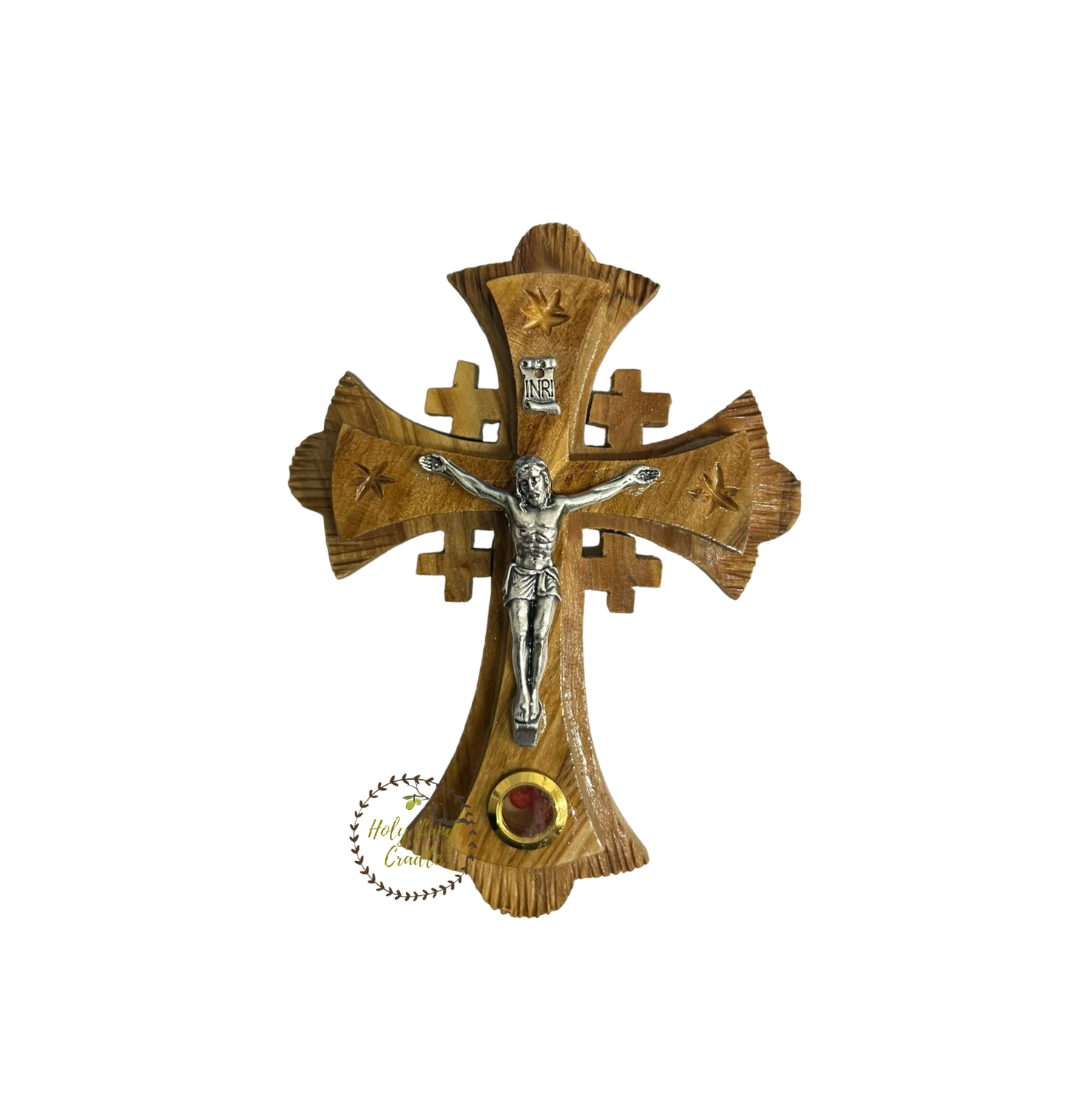 Olive Wood Jerusalem Cross with silver plated Corpus & 1 glass