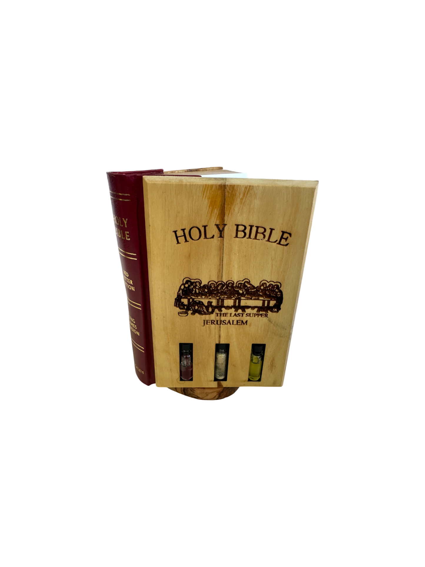 Olive Wood Bible Cover | Last Supper & Holy Land Elements | Praying Hands Stand
