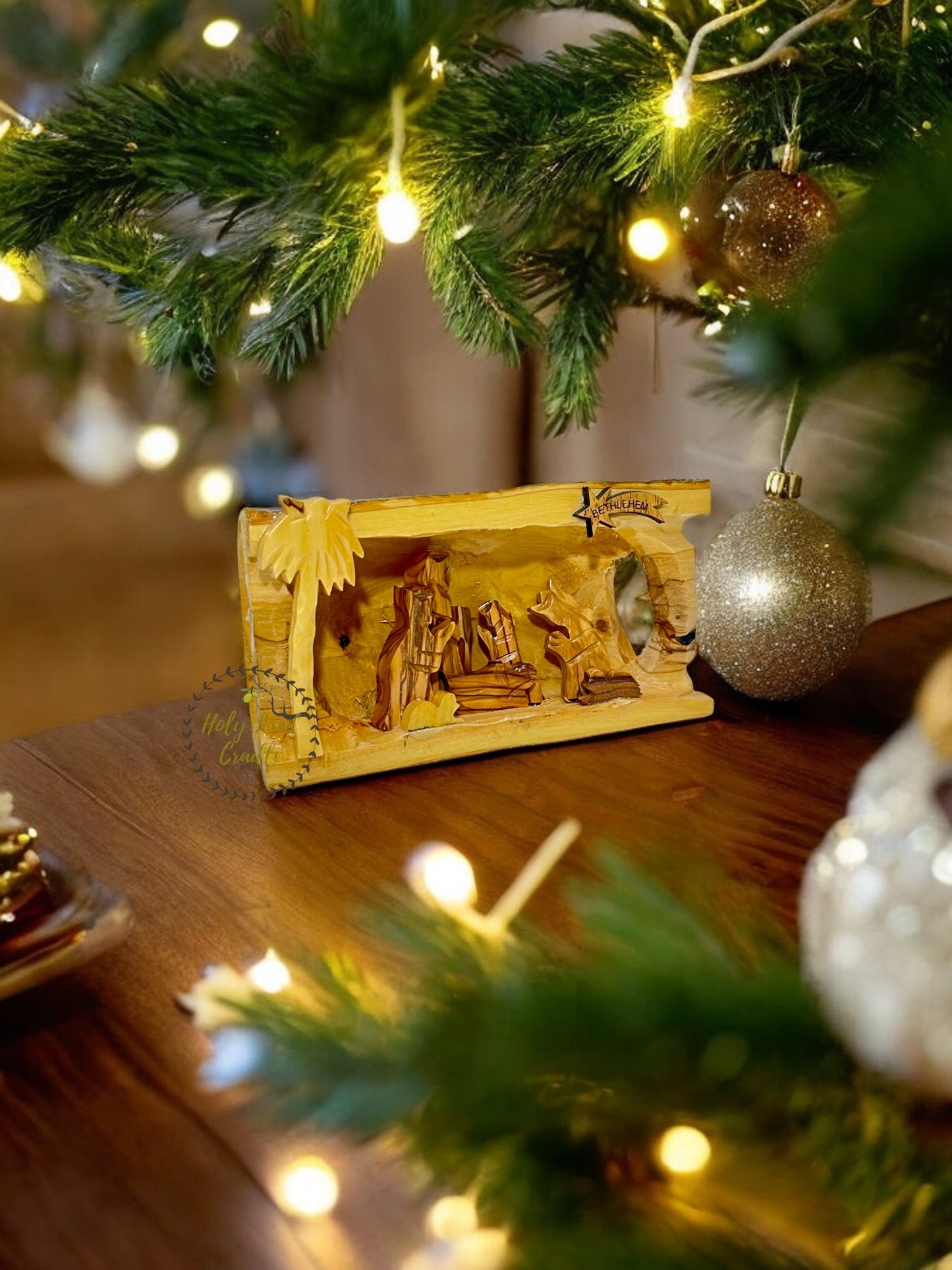 Olive Wood Nativity With Natural Wood Bark