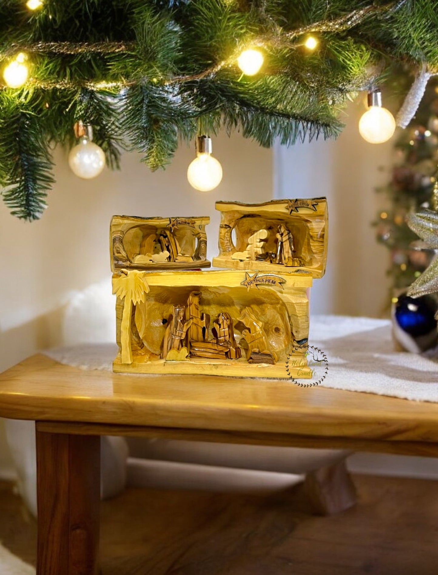 Olive Wood Nativity With Natural Wood Bark