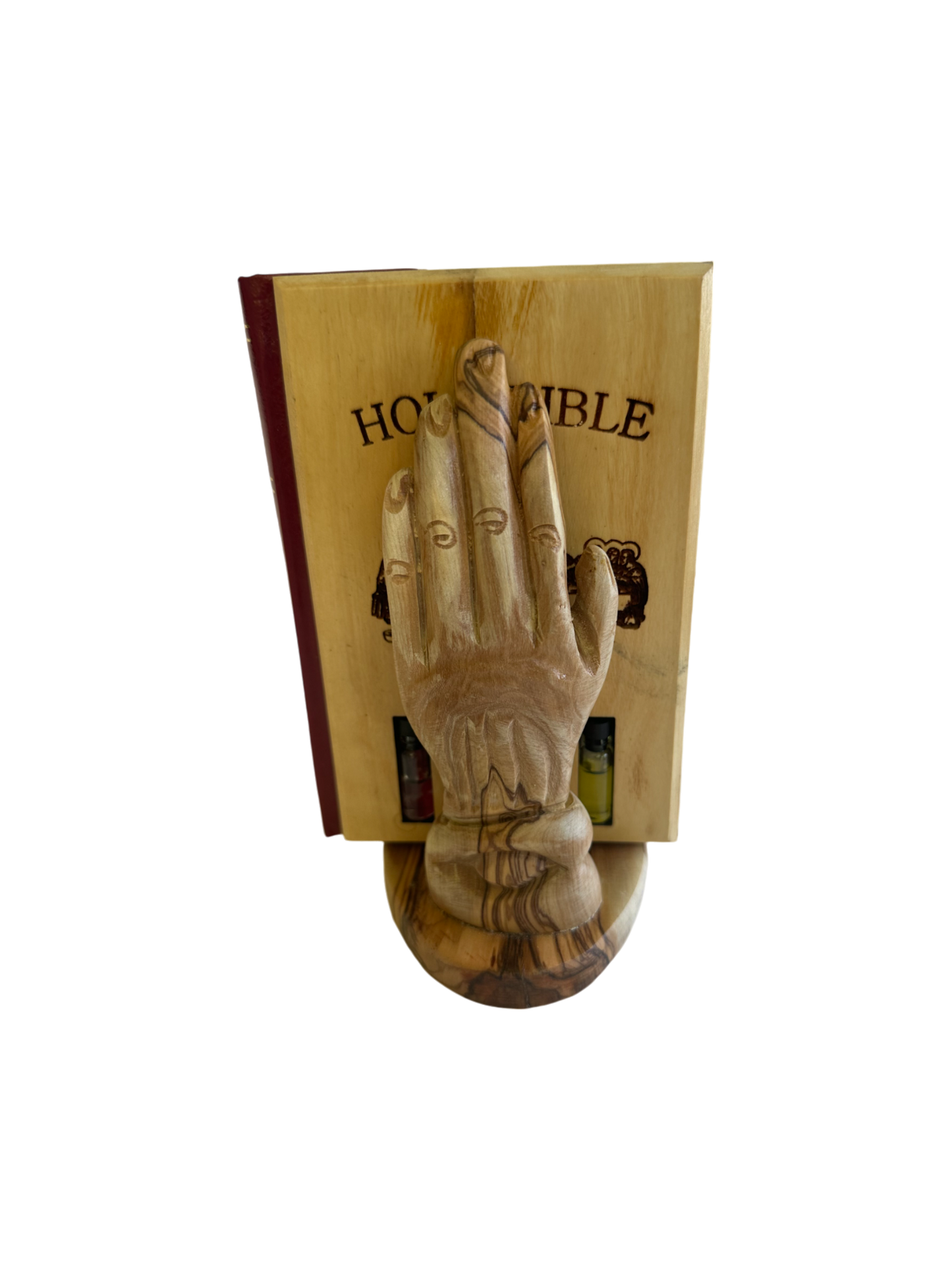 Olive Wood Bible Cover | Jerusalem Cross & Holy Land Elements | Praying Hands Stand