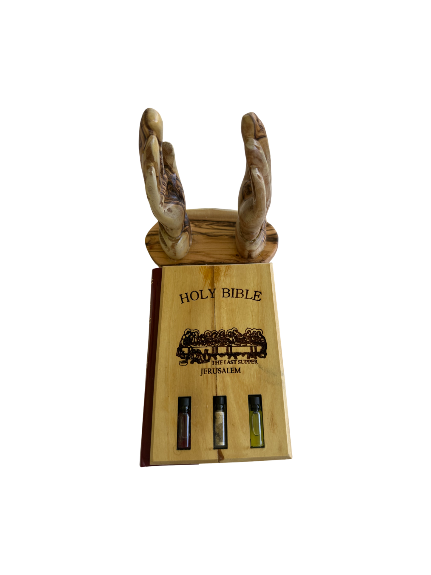 Olive Wood Bible Cover | Last Supper & Holy Land Elements | Praying Hands Stand