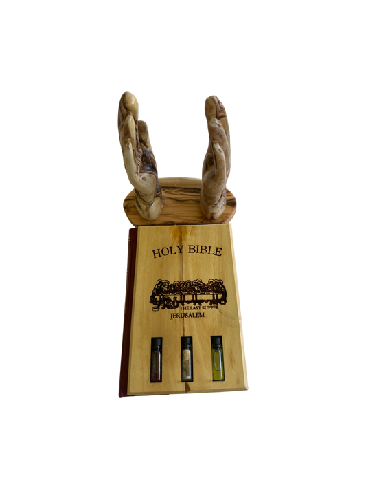 Olive Wood Bible Cover | Last Supper & Holy Land Elements | Praying Hands Stand