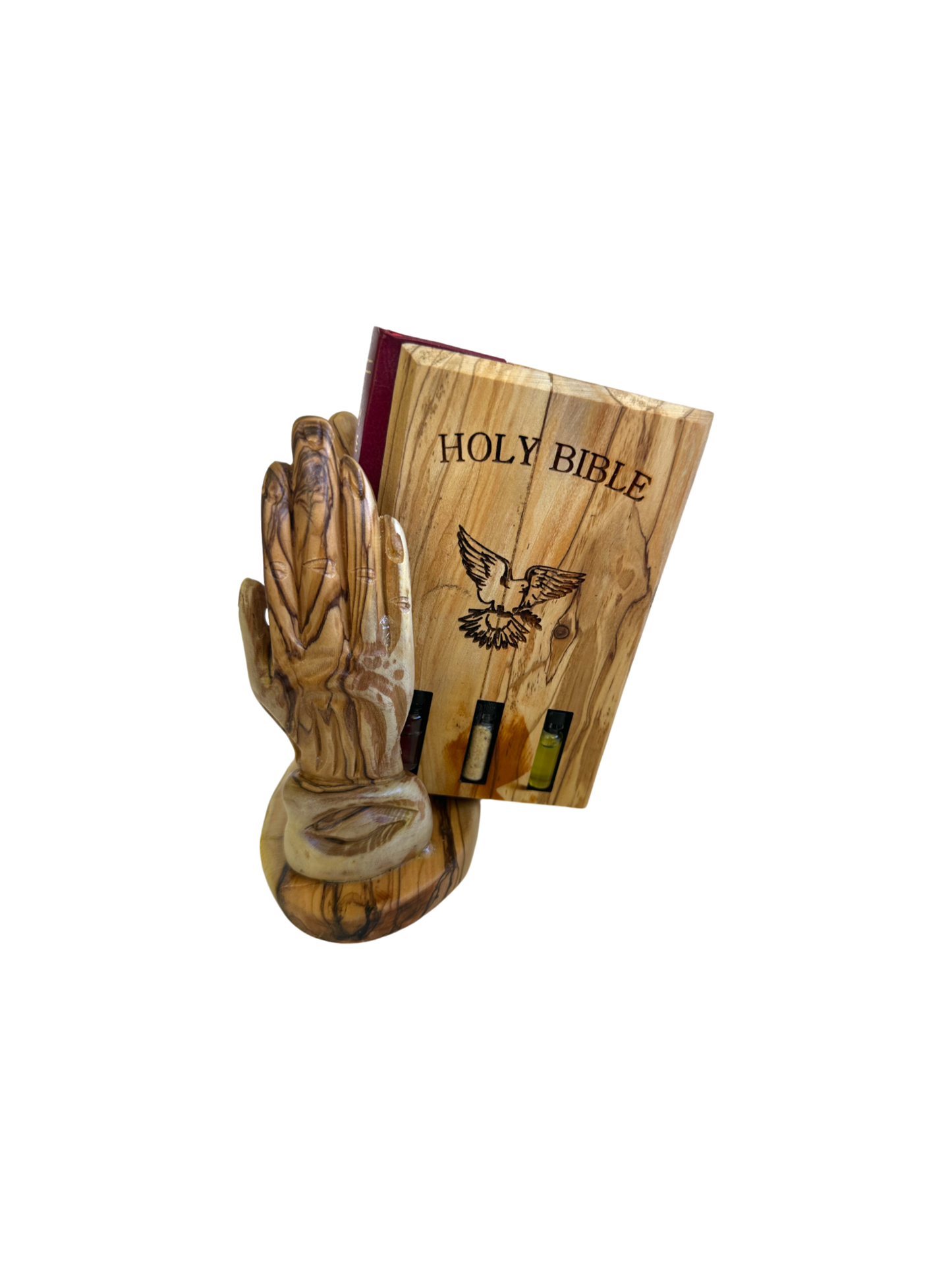Olive Wood Bible Cover | Peace Dove & Holy Land Elements | Praying Hands Stand