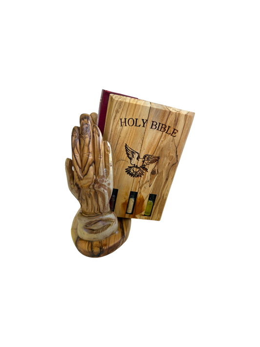 Olive Wood Bible Cover | Peace Dove & Holy Land Elements | Praying Hands Stand