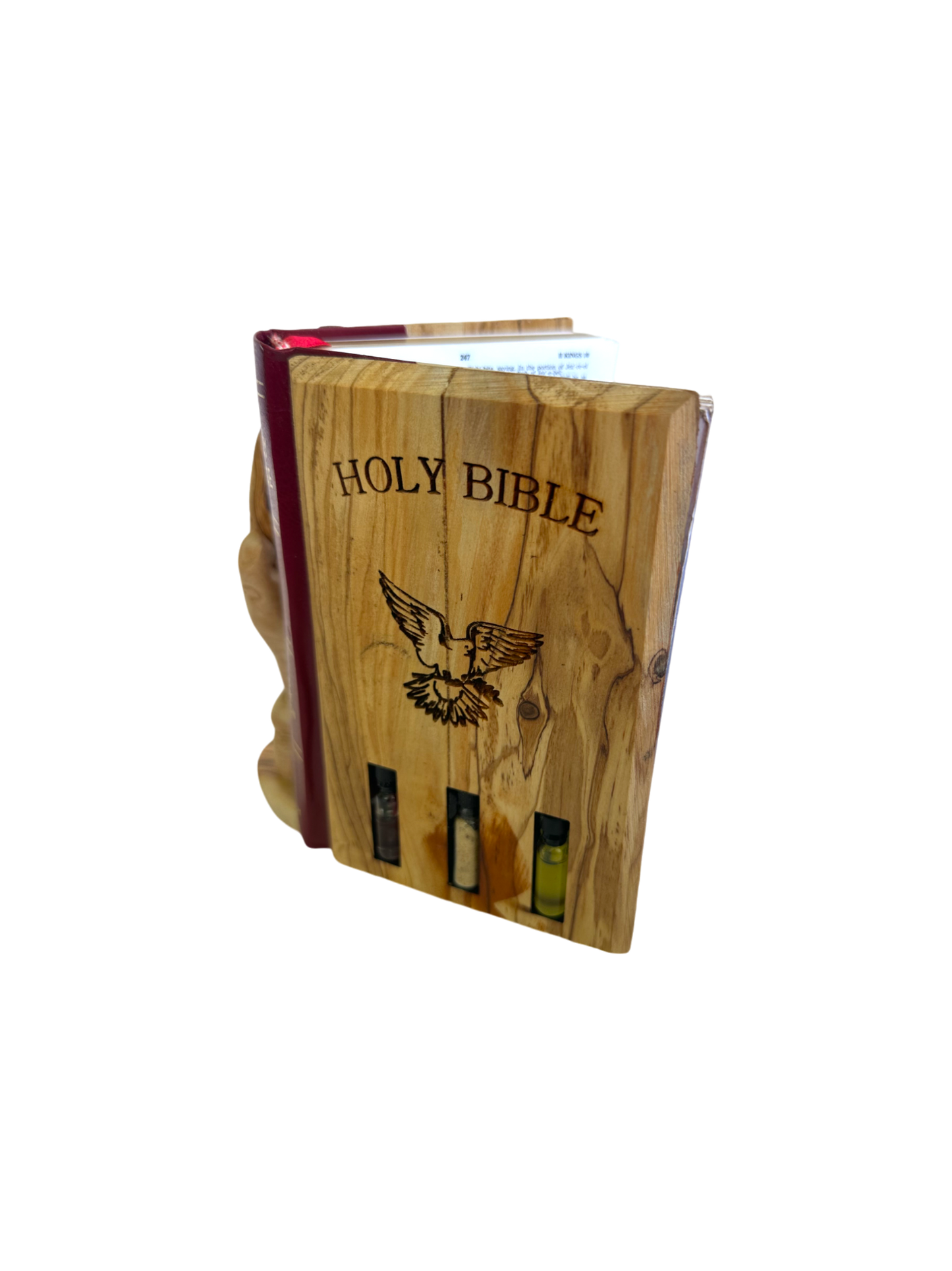 Olive Wood Bible Cover | Peace Dove & Holy Land Elements | Praying Hands Stand