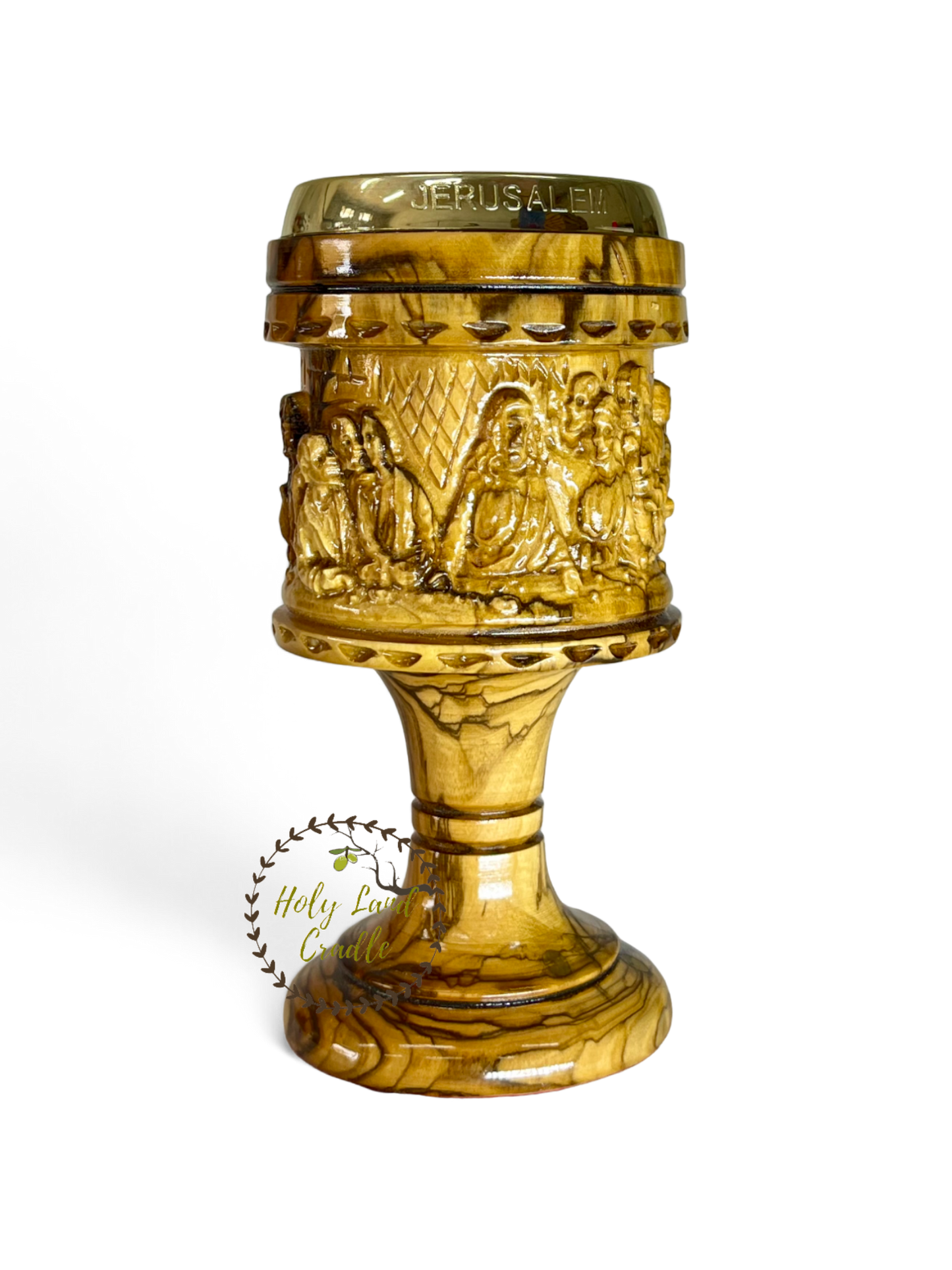 Olive Wood Chalice Last supper & Jerusalem Cross Carved