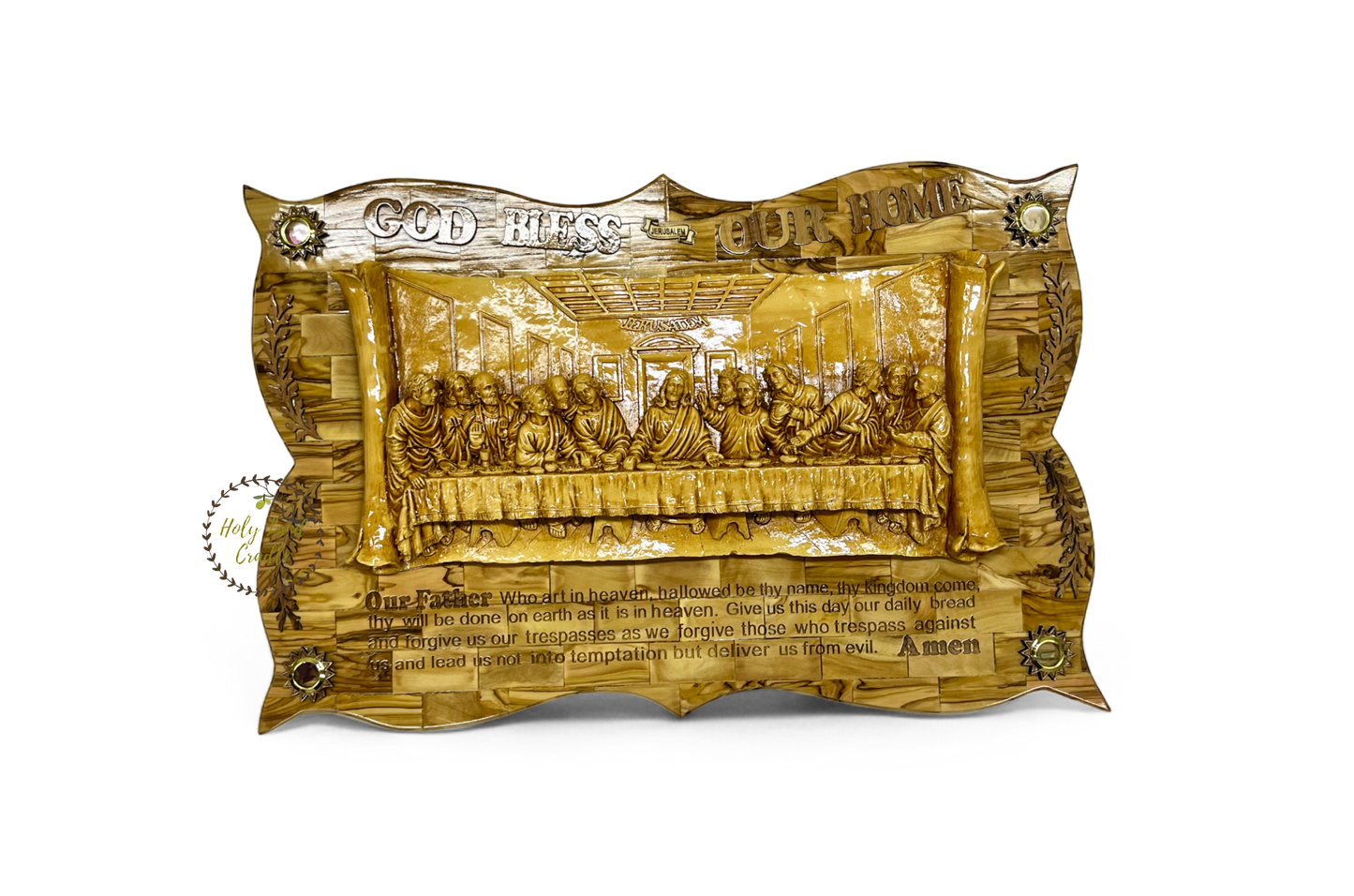 Olive Wood Last Supper with Our Father Prayer Engraved