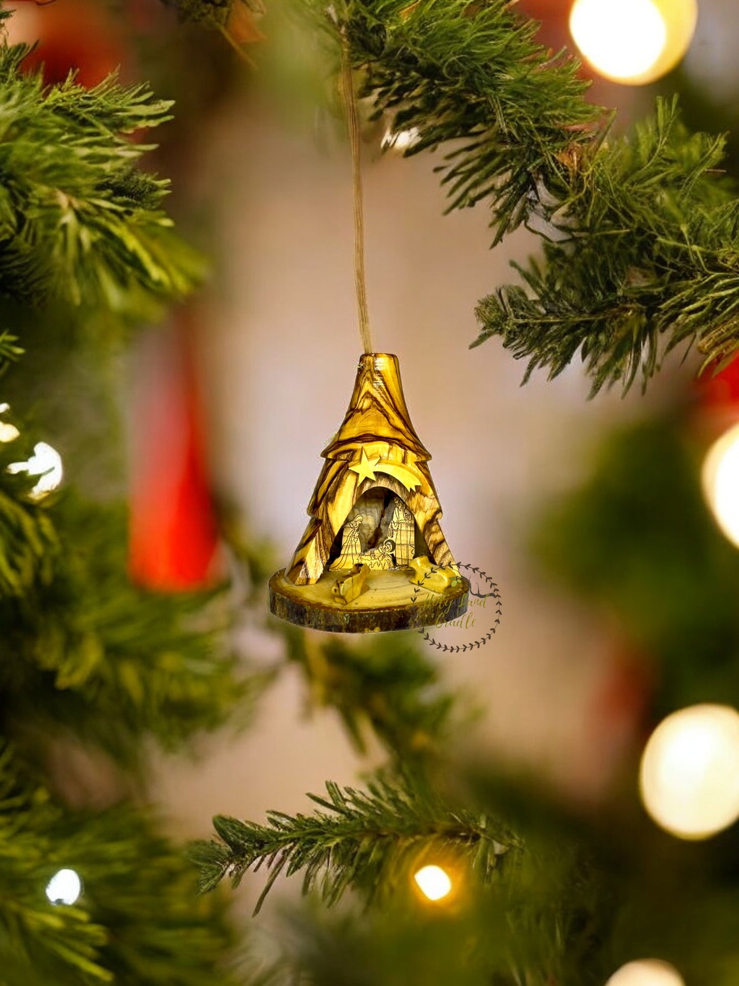 Olive Wood Bell Ornament with Holy Family