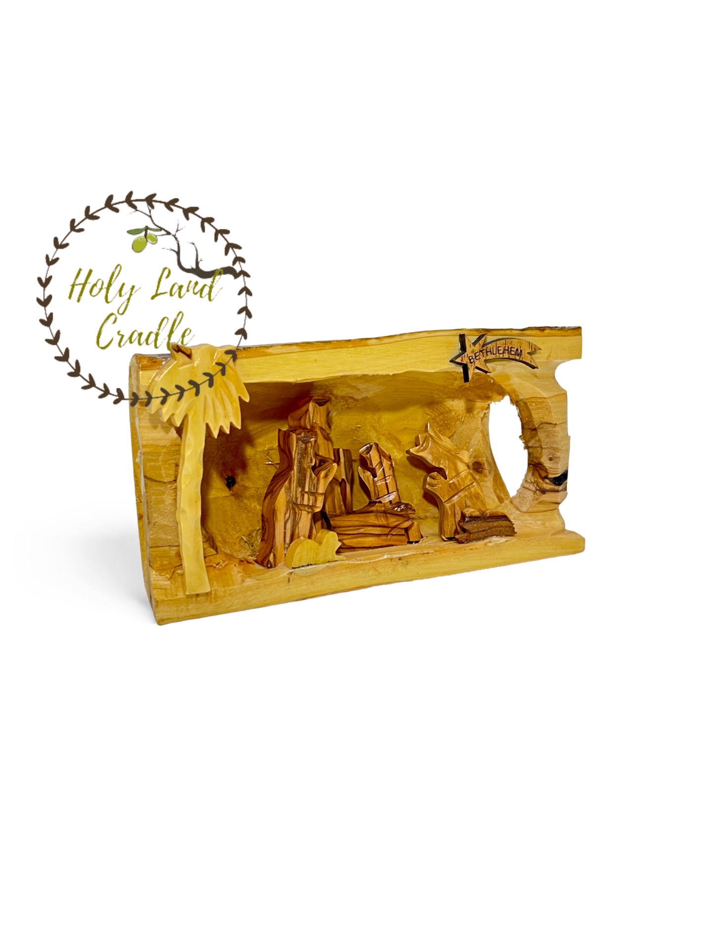 Olive Wood Nativity With Natural Wood Bark