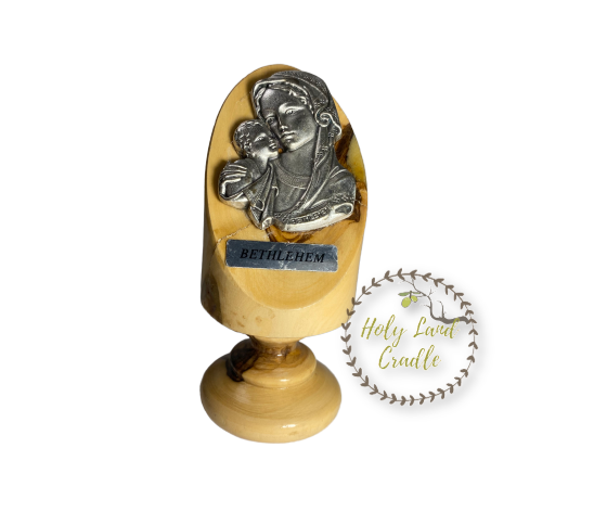 Olive Wood Base, With Silver Plated Icon Virgin Mary, Baby Jesus