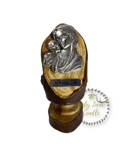 Olive Wood Base, With Silver Plated Icon Virgin Mary, Baby Jesus