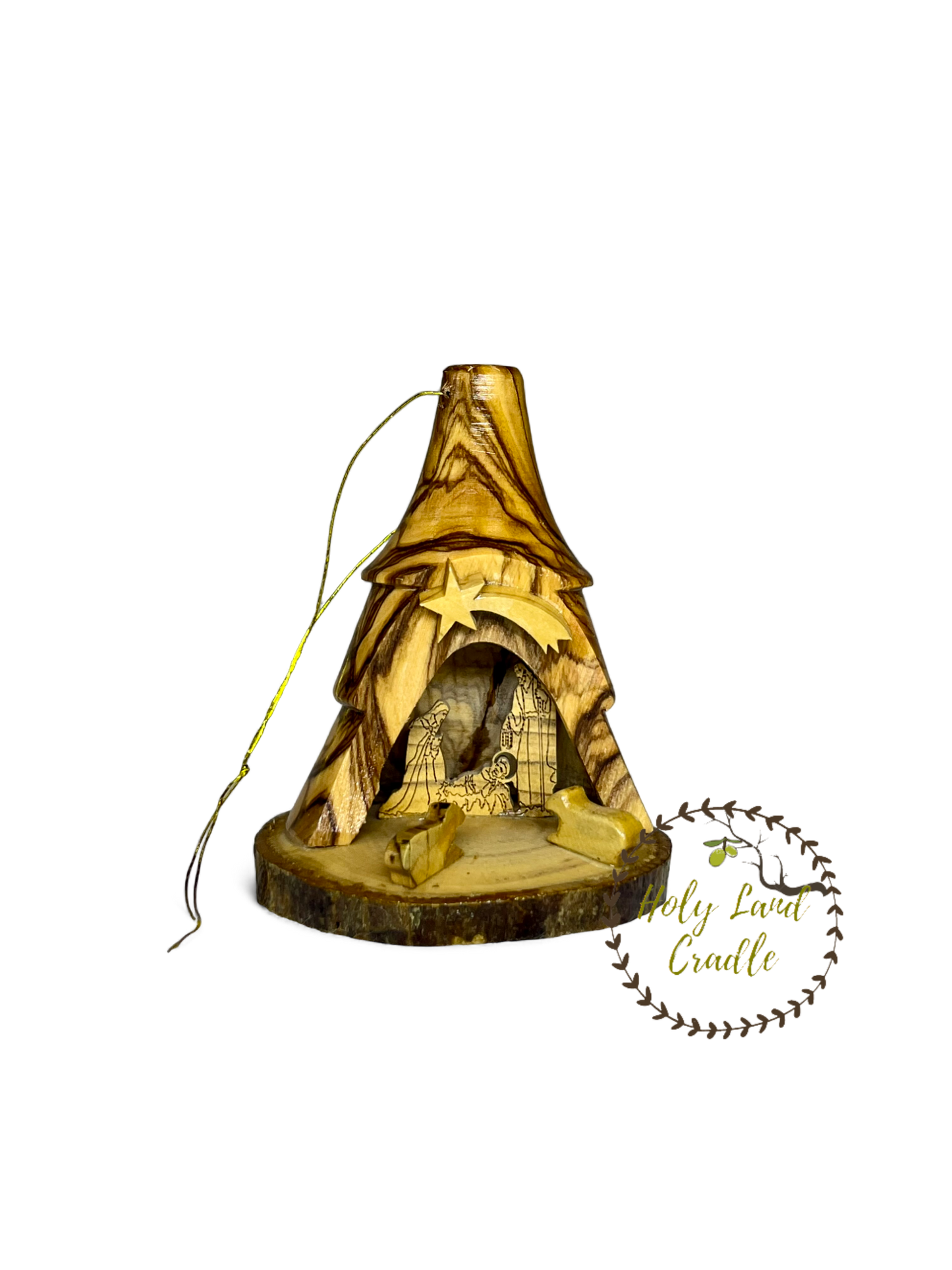 Olive Wood Bell Ornament with Holy Family