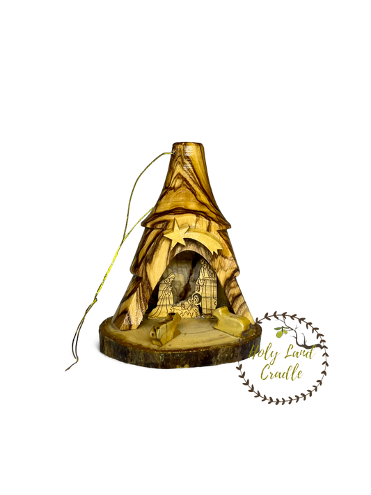 Olive Wood Bell Ornament with Holy Family