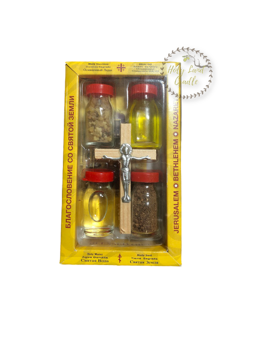 Holy Land Set of Olive Wood Cross, Holy Water, Oil, Earth, Frankincense