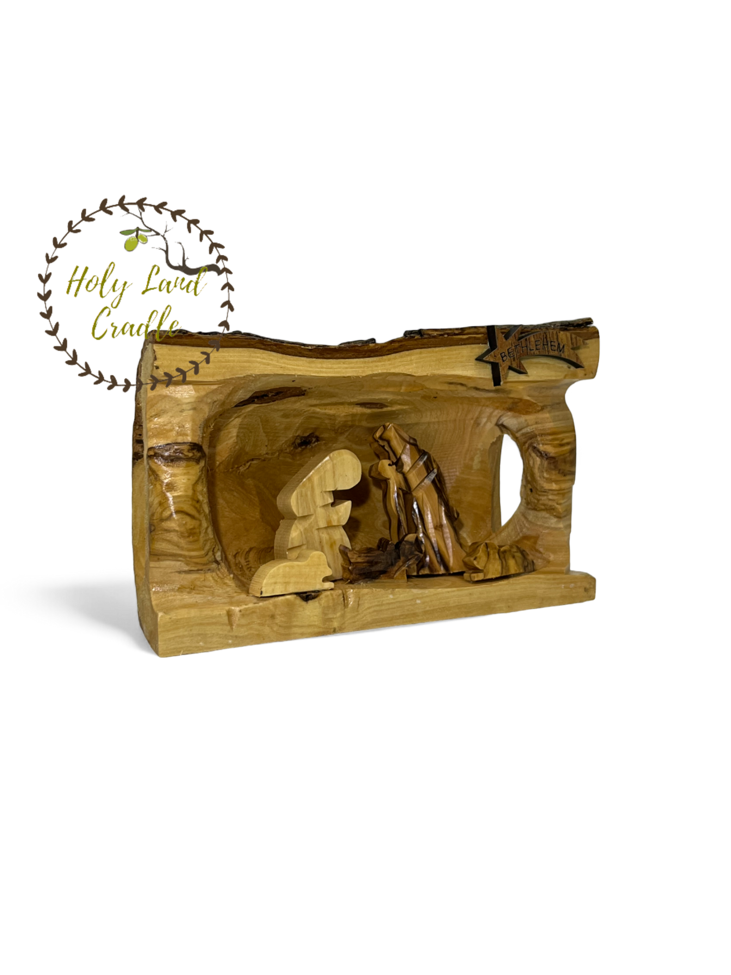 Olive Wood Nativity With Natural Wood Bark