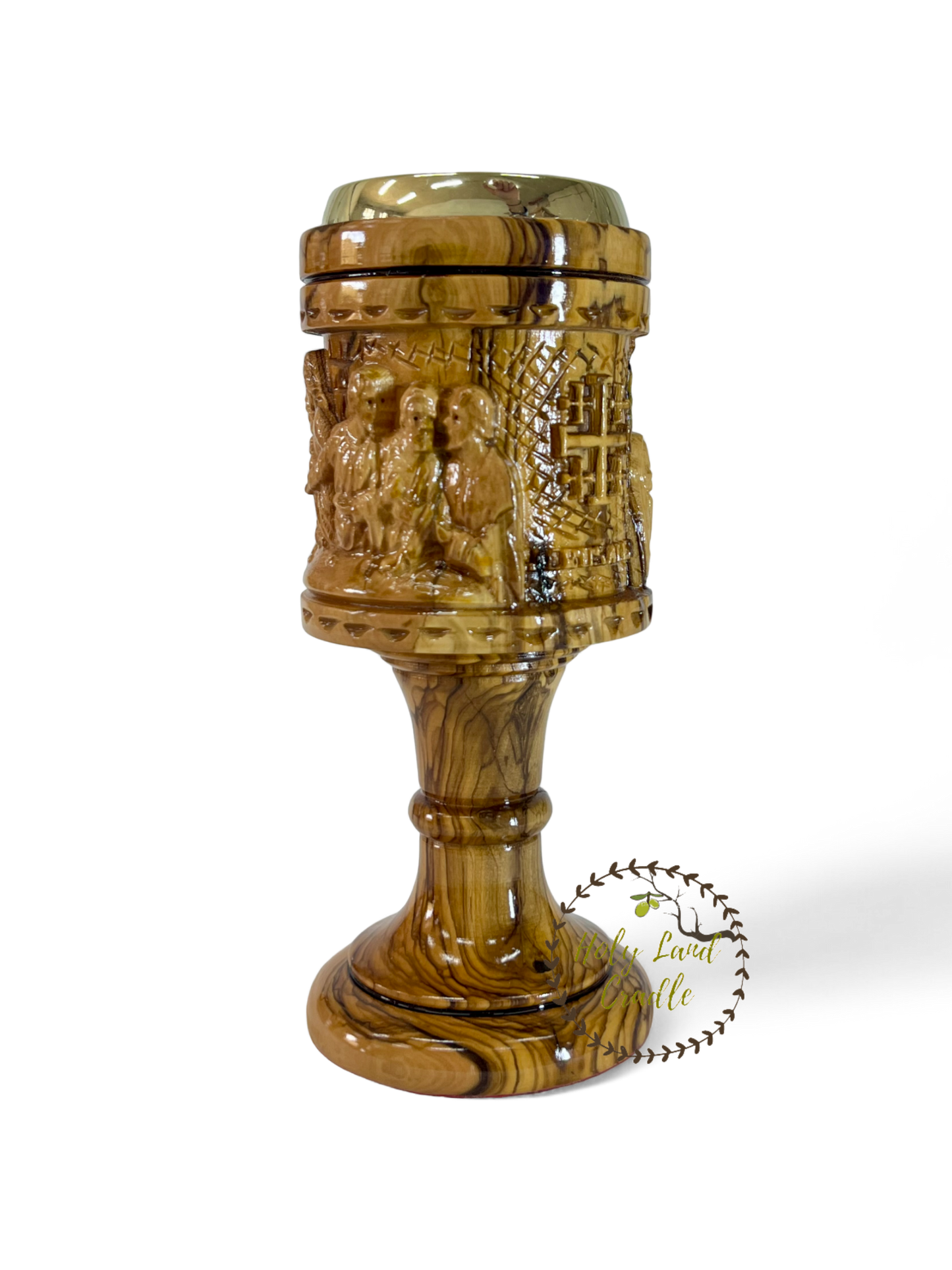 Olive Wood Chalice Last supper & Jerusalem Cross Carved