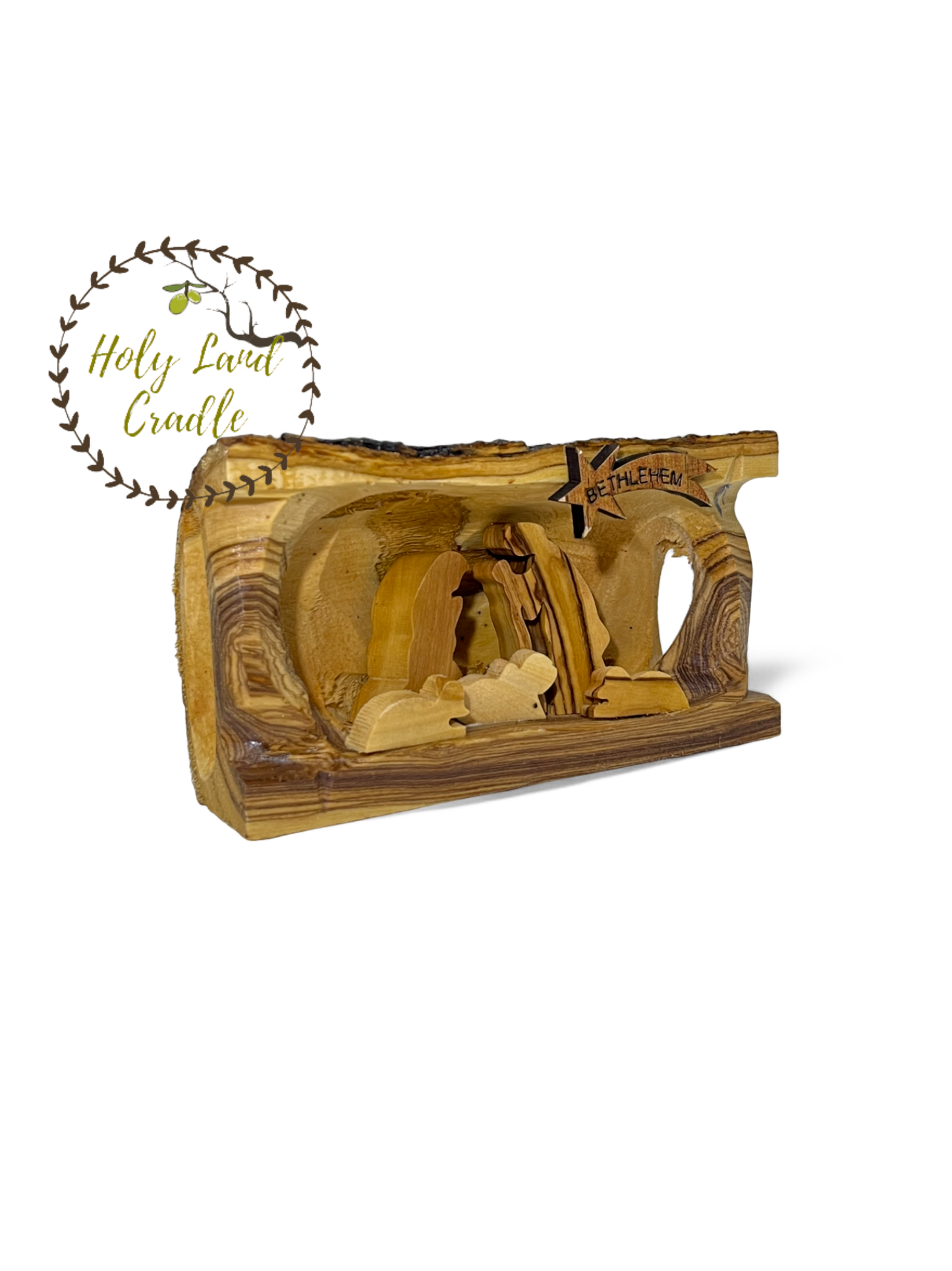 Olive Wood Nativity With Natural Wood Bark