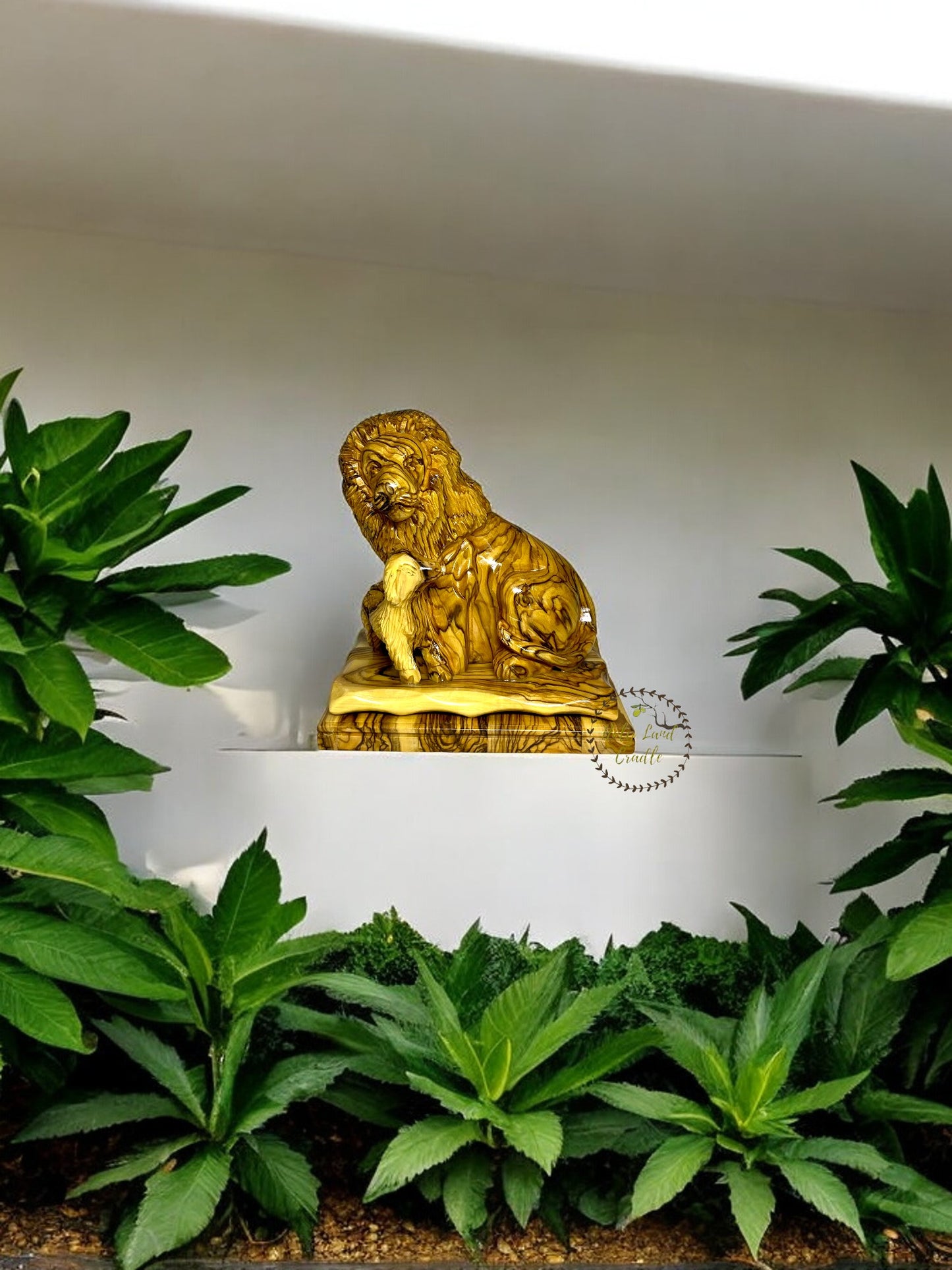 Olive Wood Lion And Lamb Statue