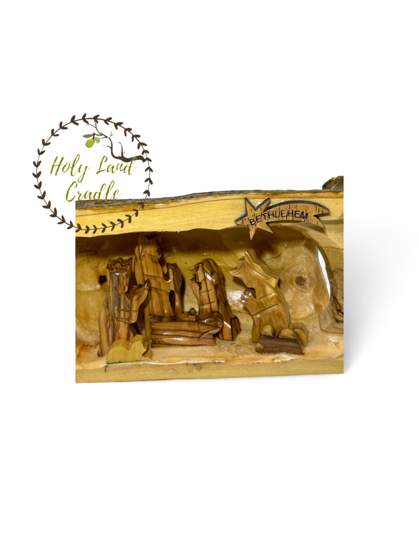 Olive Wood Nativity With Natural Wood Bark