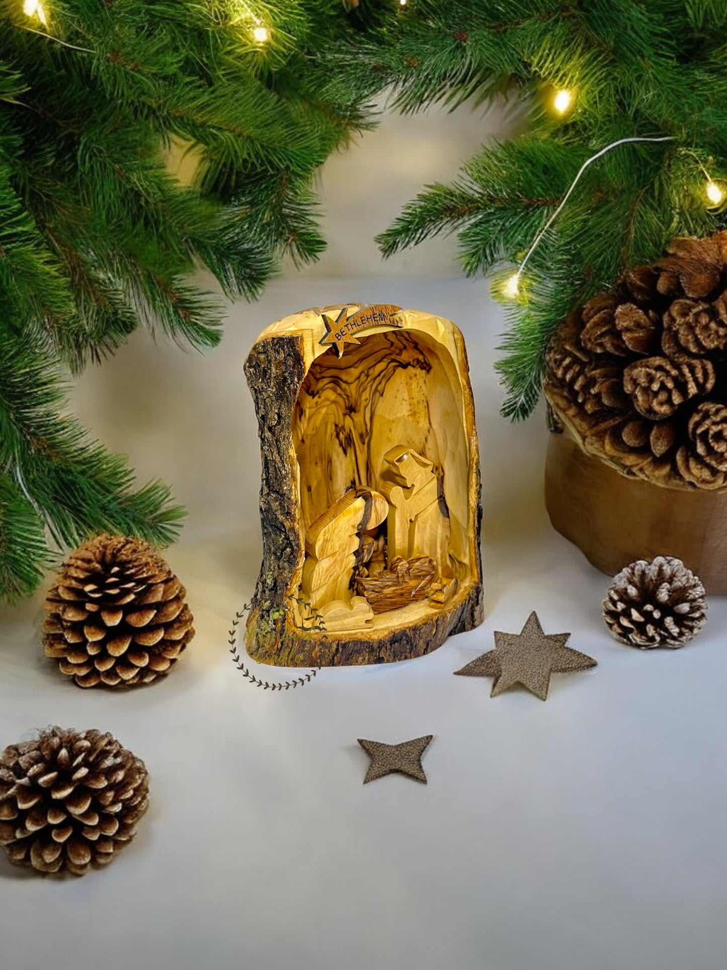 Olive Wood Nativity with Natural Bark