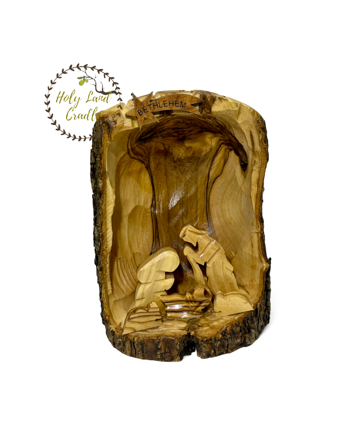 Olive Wood Nativity with Natural Bark