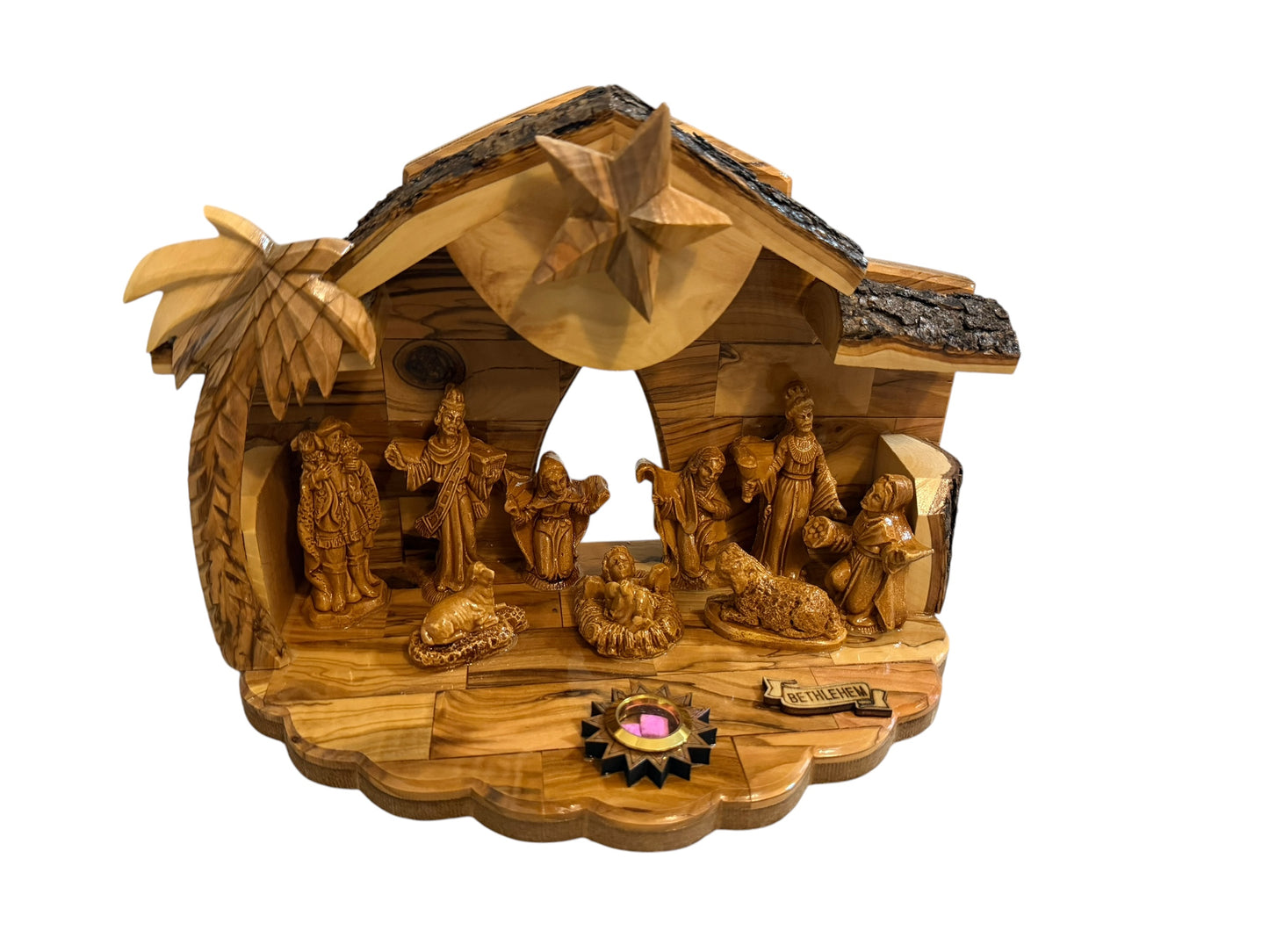 Olive Wood Musical Nativity Scene | Twin-Roof, Window & Full Figures