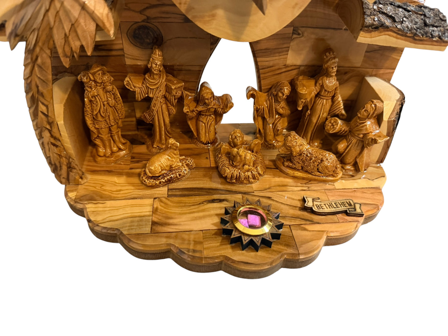 Olive Wood Musical Nativity Scene | Twin-Roof, Window & Full Figures