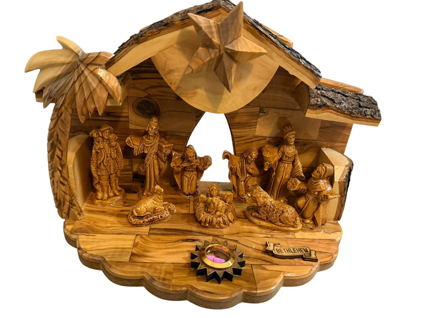 Olive Wood Musical Nativity Scene | Twin-Roof, Window & Full Figures