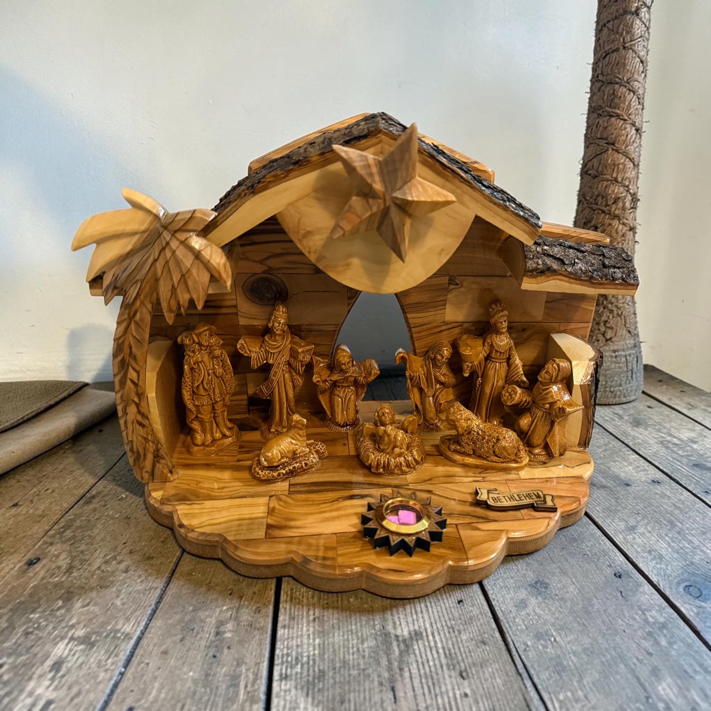 Olive Wood Musical Nativity Scene | Twin-Roof, Window & Full Figures